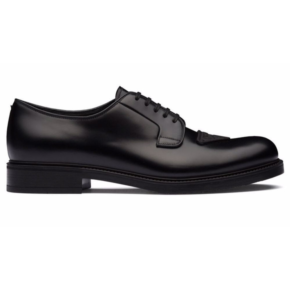 Prada Black Leather Triangle Logo Derby Loafer Lace Up Flat UK 10.5 US 11.5 - Picture 1 of 12